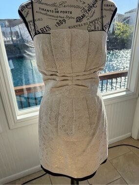 BCBG Strapless Ivory Brocade Cocktail Dress with Black Trim